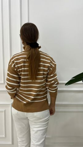 Gina Kadın Camel Fermuar Yaka Triko