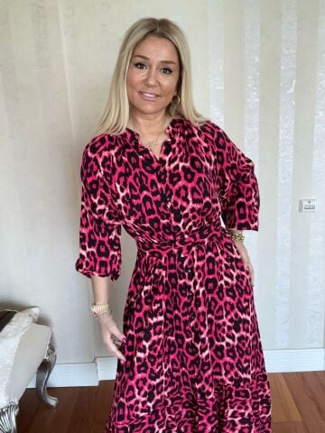 Manes Fuşya Leopar Desen Elbise
